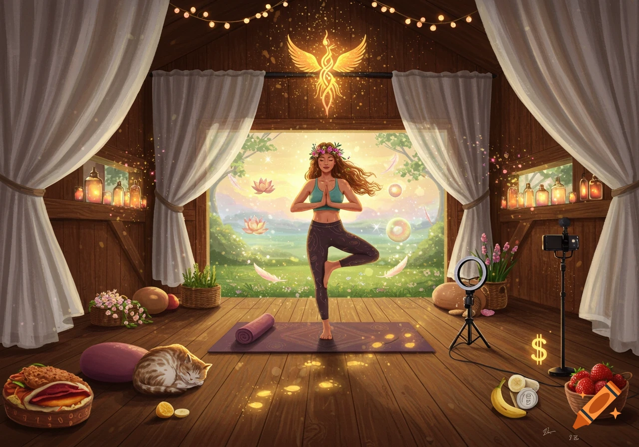 A woman practices yoga in a magical barn studio. She stands on one leg, hands in prayer pose, under a glowing phoenix. A cat sleeps nearby, with a ring light and camera for content creation.