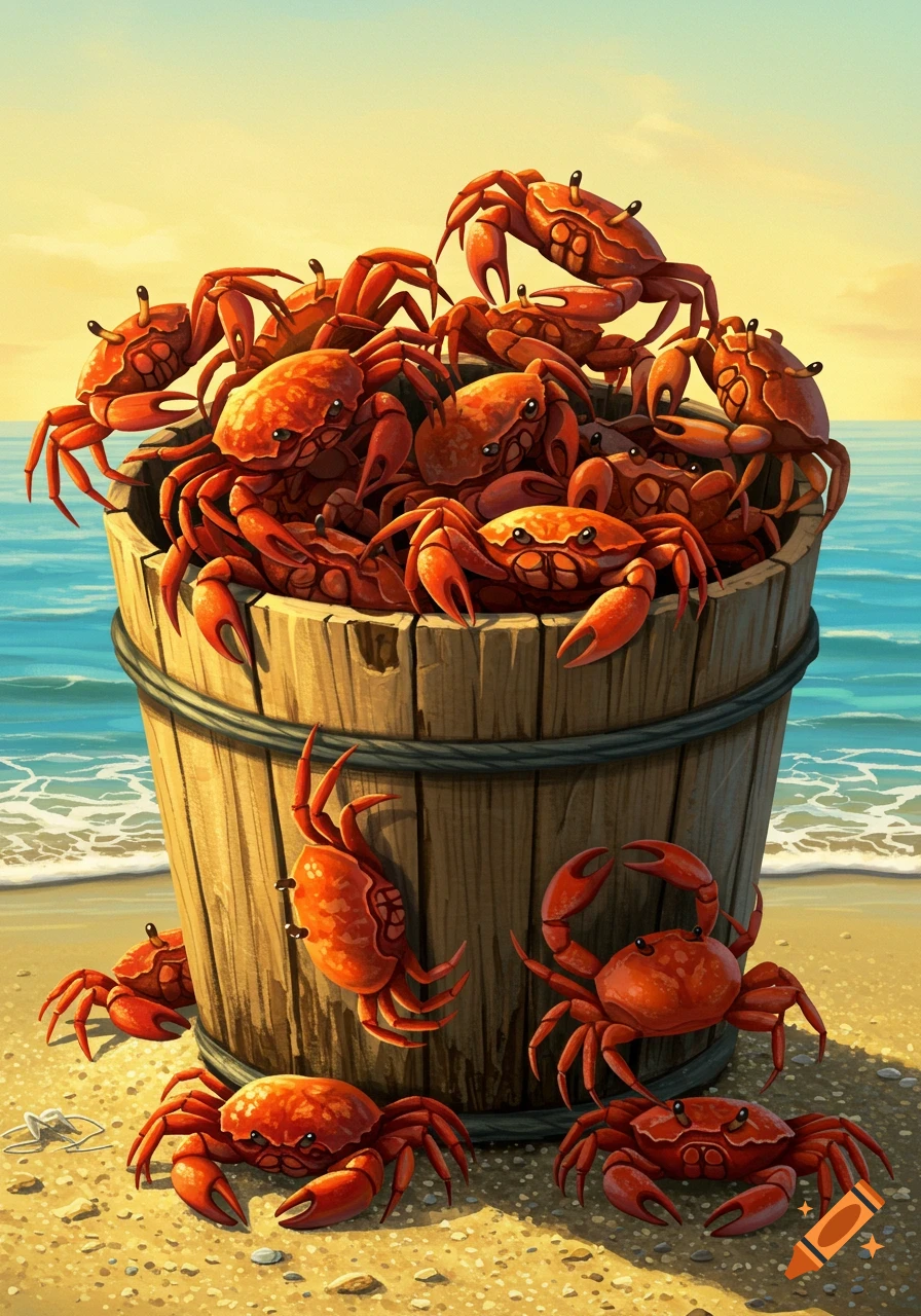A wooden bucket overflows with many red crabs on a sandy beach, with a few crabs on the sand near the ocean.
