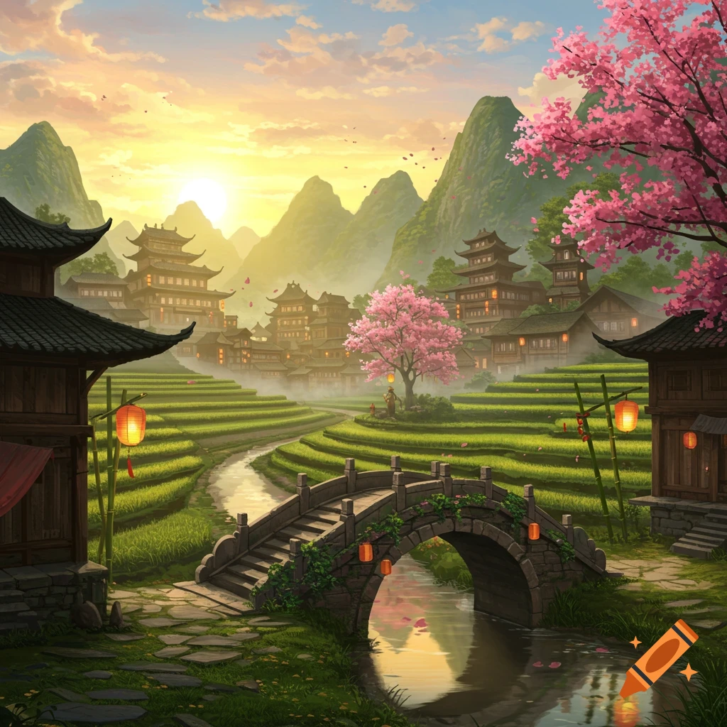 A beautiful fantasy landscape of a Chinese village with traditional buildings, terraced rice paddies, a river, stone bridge, and pink cherry blossom trees under a sunset sky.