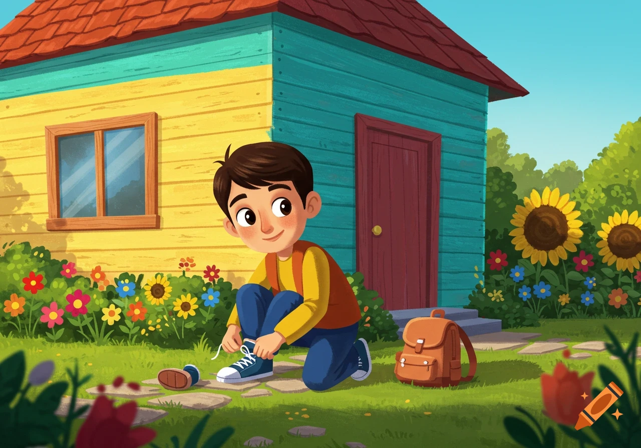 A cheerful cartoon boy ties his shoes in a colorful garden with a house, flowers, and a backpack.