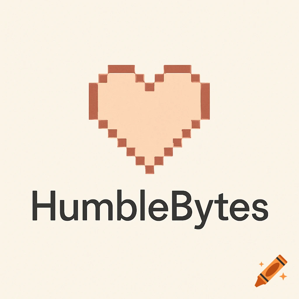 A logo featuring a pixelated heart in peach and brown shades above the text 'HumbleBytes' on a light background.