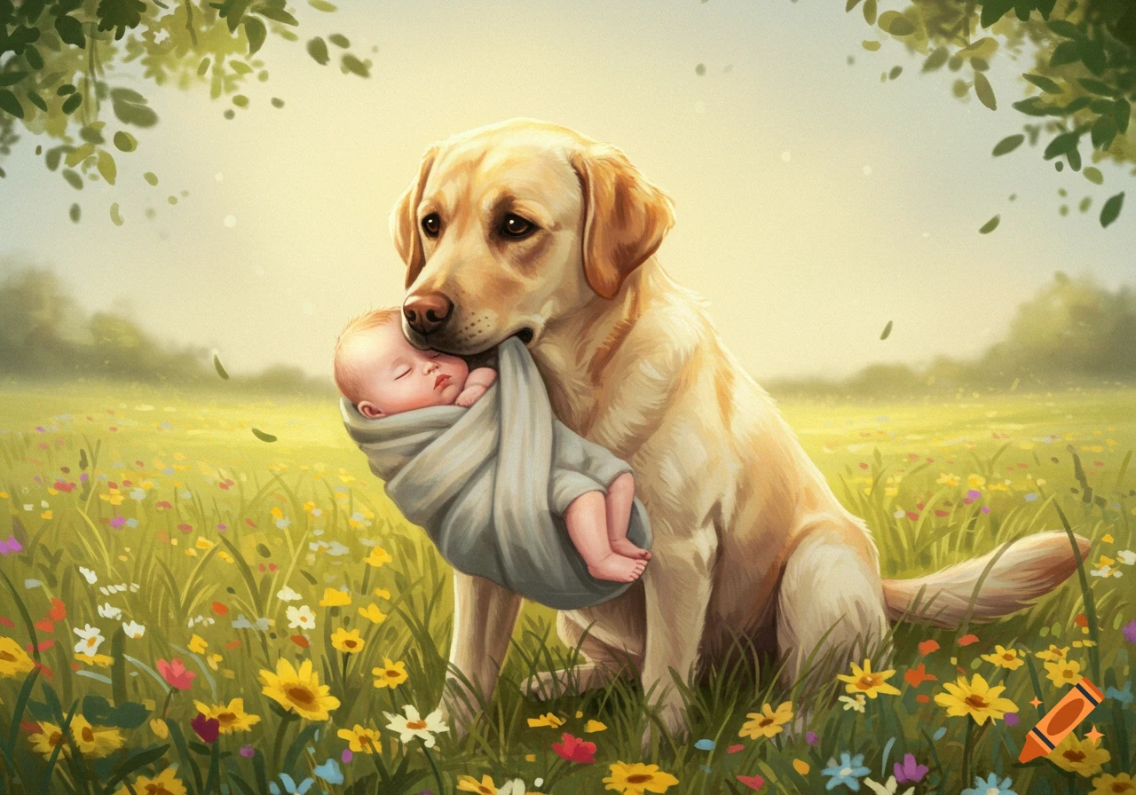 A golden labrador gently carries a sleeping baby in a blanket through a sunny field of colorful wildflowers, in an illustration style.