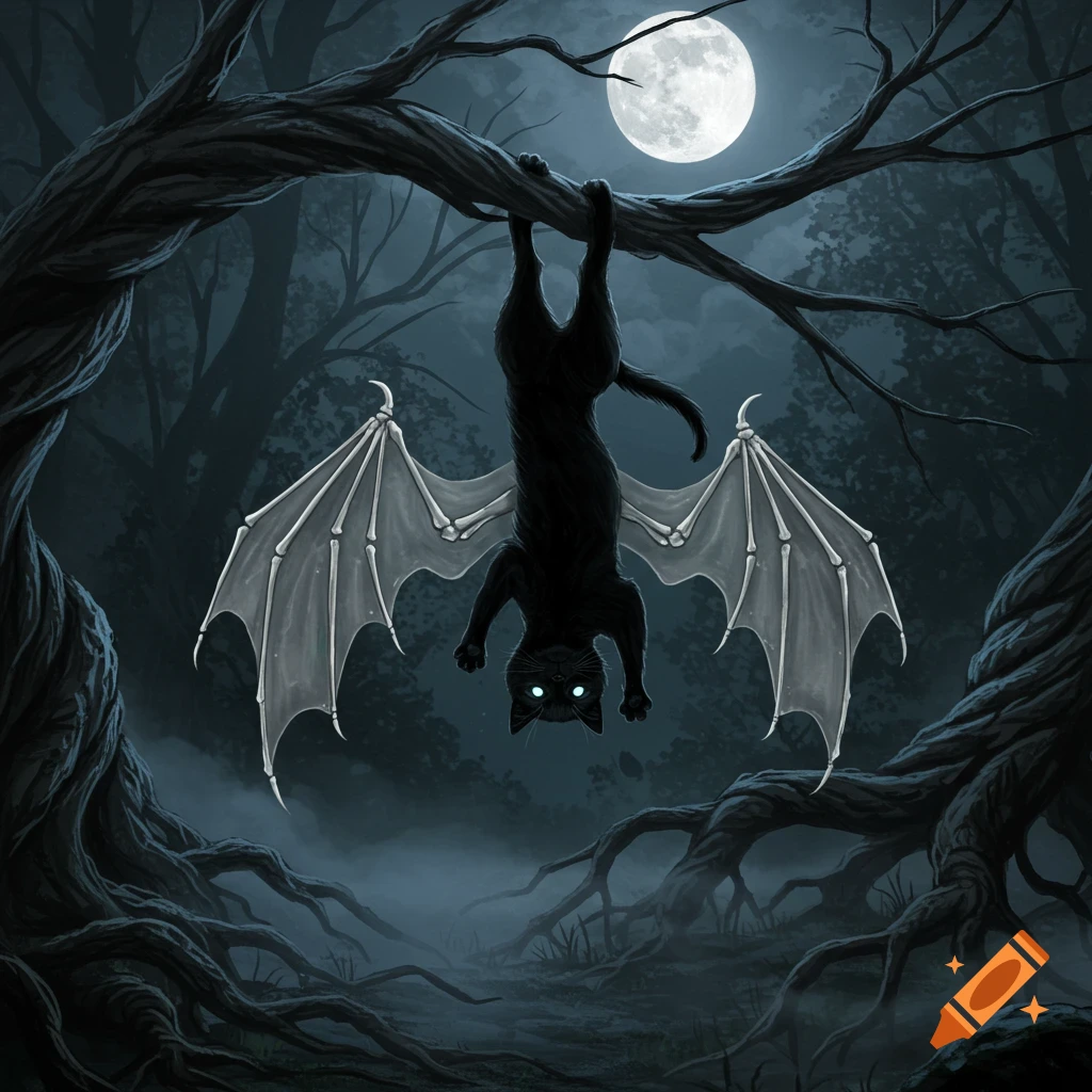 A black cat with skeletal bat wings hangs upside down from a tree branch in a dark, misty forest under a full moon.