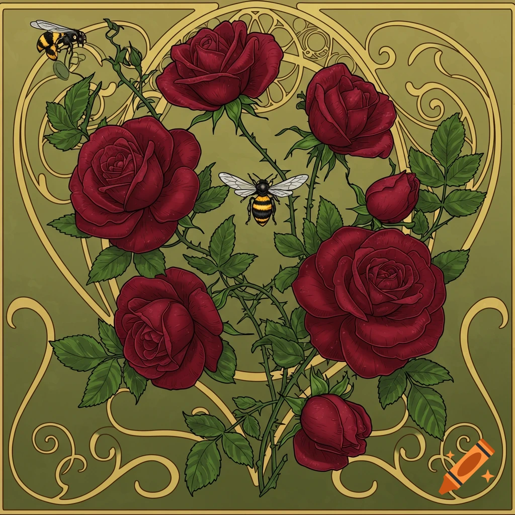 Art Nouveau style illustration of red roses, green leaves, thorns, and two bees against a swirling gold background.