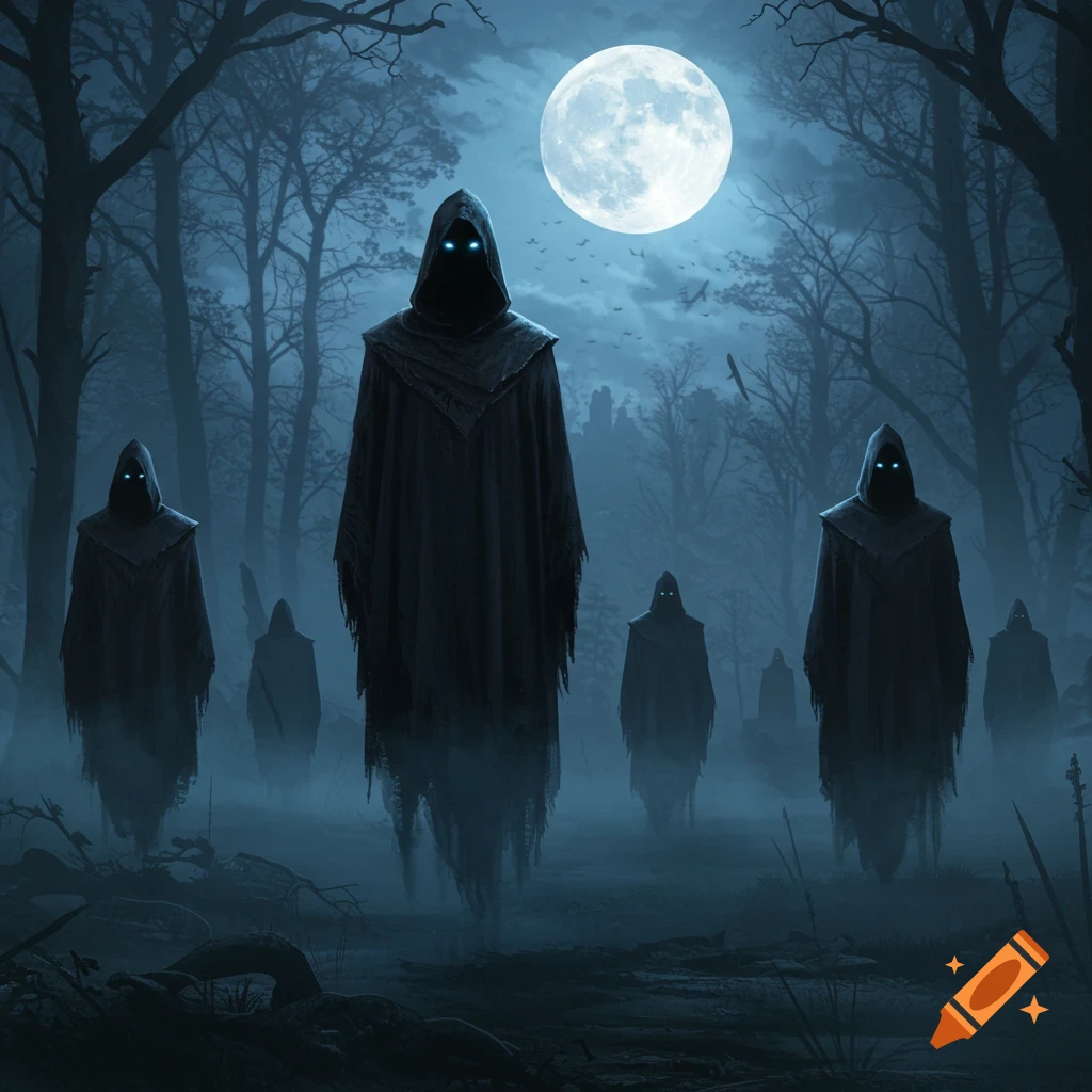 Hooded, cloaked figures with glowing blue eyes stand in a misty, dark forest at night under a full moon.