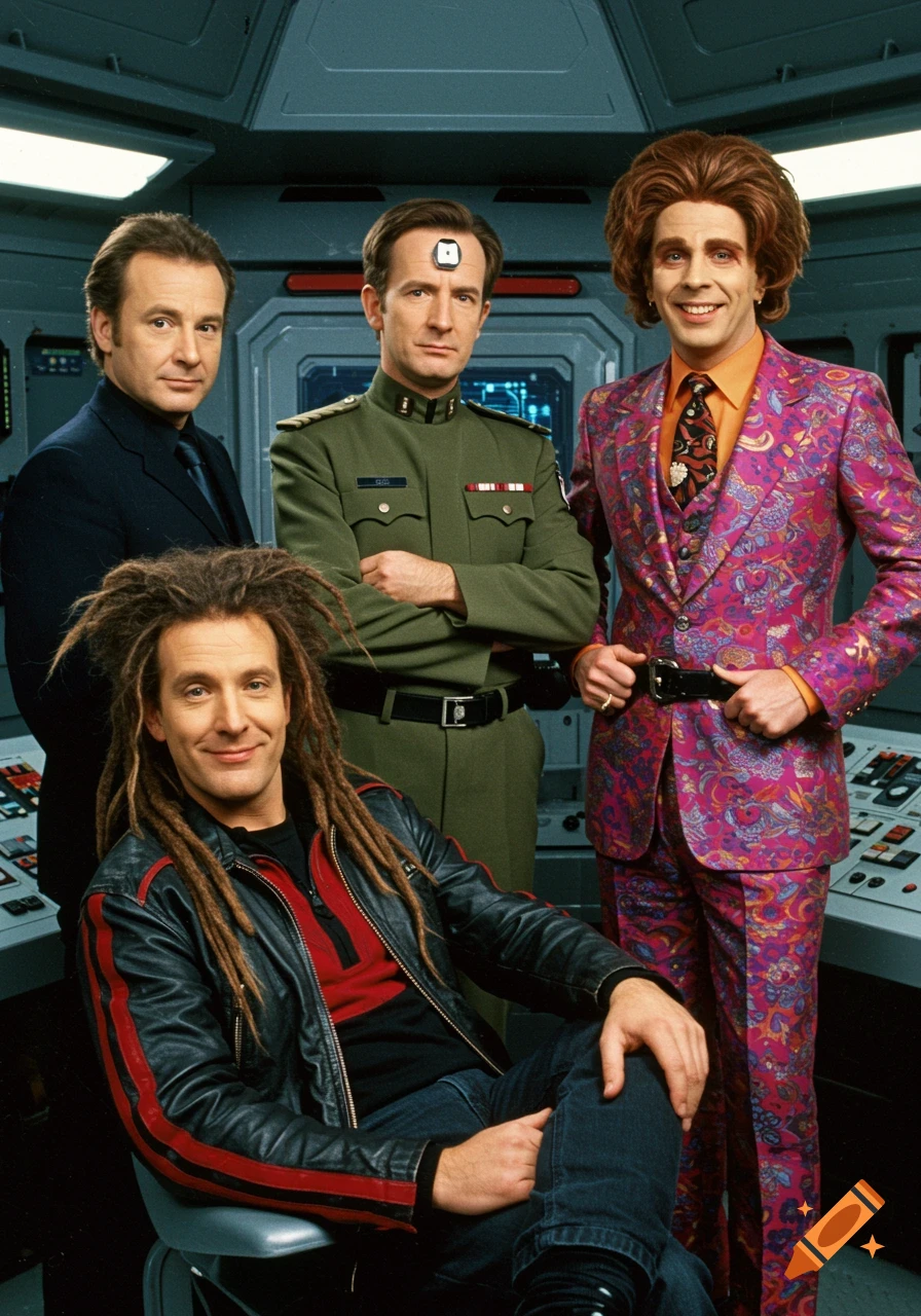 Four men in a sci-fi spaceship control room: one with dreadlocks, one in military uniform, one in a pink patterned suit, and one in a dark suit.