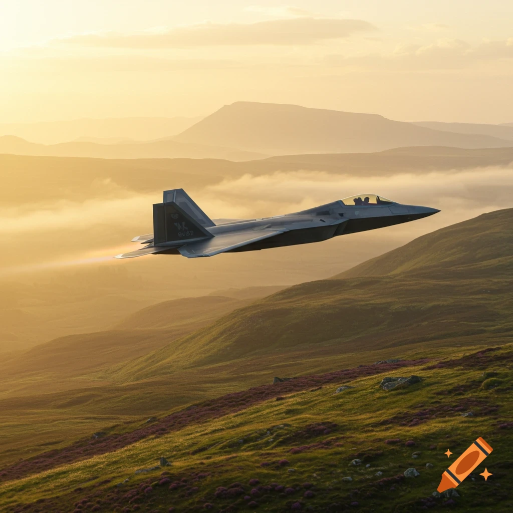 A photorealistic image of a grey F-22 fighter jet flying low over green and purple Scottish hills at sunrise.