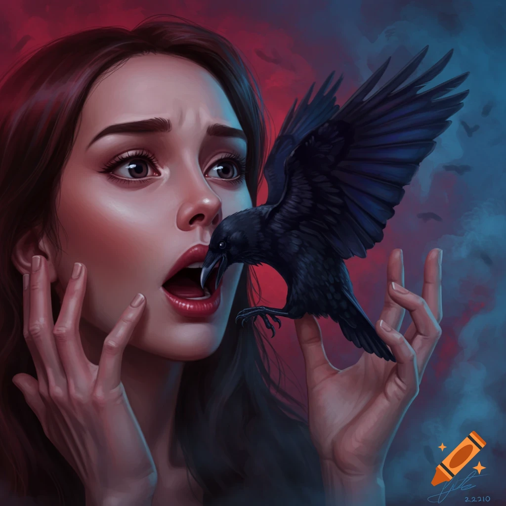 A digital painting of a frightened woman with her mouth open, a black crow with its beak inside, against a red and blue background.