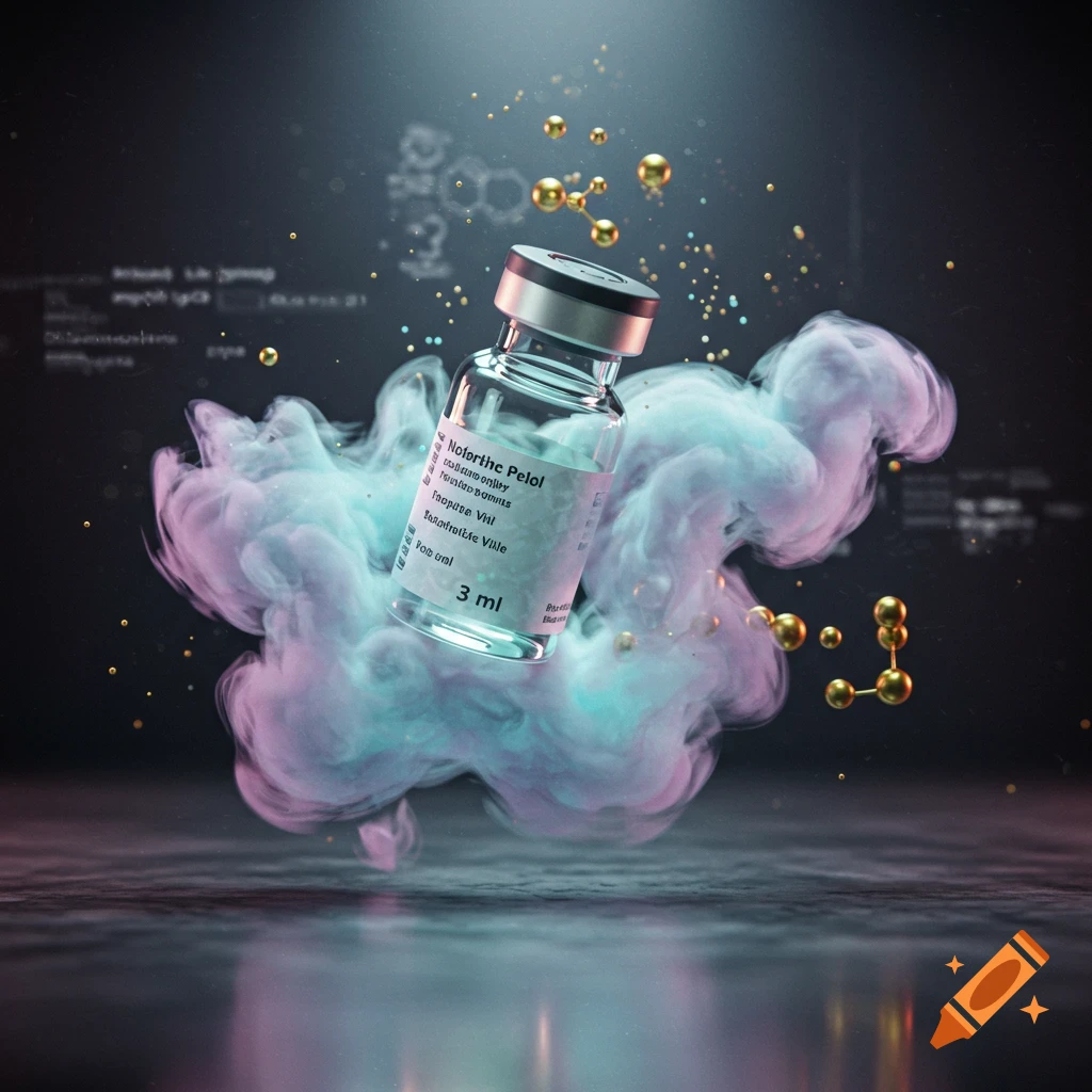 A glass medical vial floats above swirling purple and blue smoke, surrounded by golden molecular structures on a dark, reflective surface.