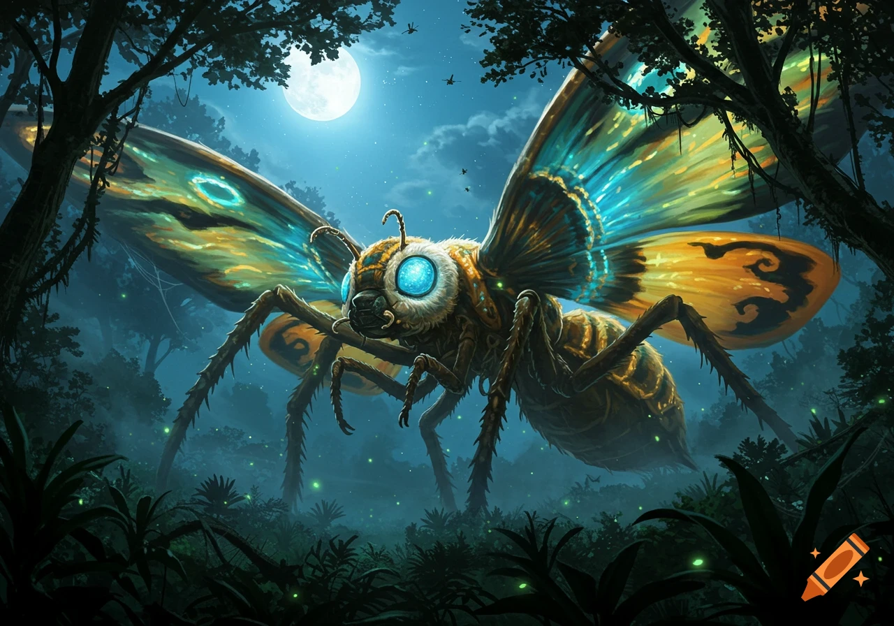 A large, detailed Mothra-like insect with glowing blue eyes and long legs stands in a moonlit, mystical jungle.