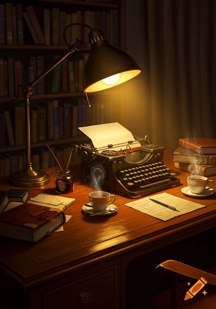 A dimly lit study desk with an antique typewriter, an illuminated desk lamp, stacked books, and steaming coffee cups.