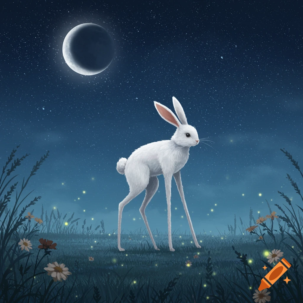 A white rabbit with long legs stands in a moonlit field under a starry night sky, with flowers and glowing elements.