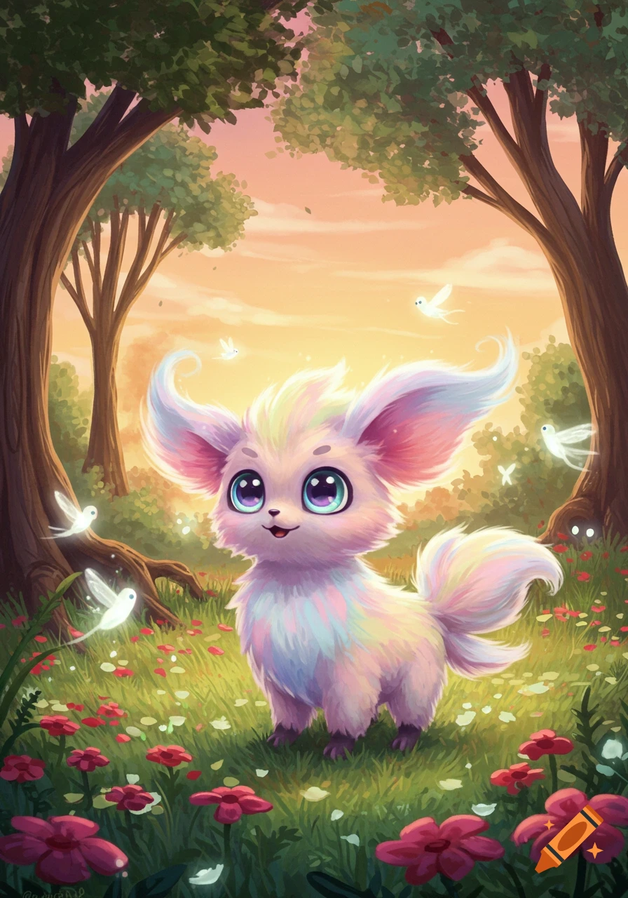 A fluffy, rainbow-colored, big-eyed creature with large ears stands in a vibrant forest field with red flowers and glowing white birds, at sunset.