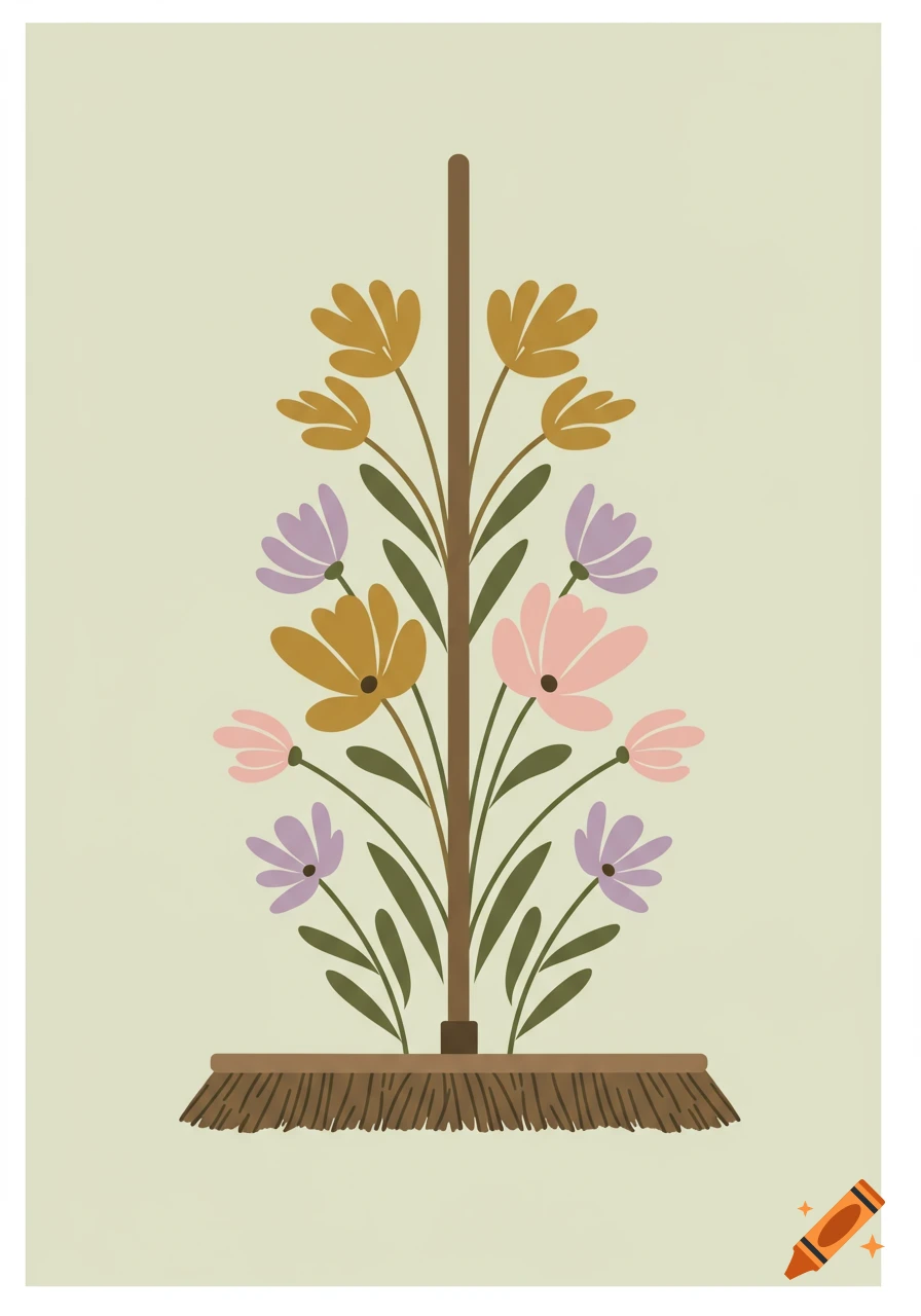 Stylized illustration of a broom with its handle as a stem blooming into mustard yellow, lavender, and blush pink flowers on a sage green background.
