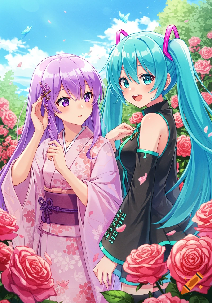 Two anime girls, one in a pink kimono and one in a black outfit, stand in a vibrant rose garden under a blue sky.