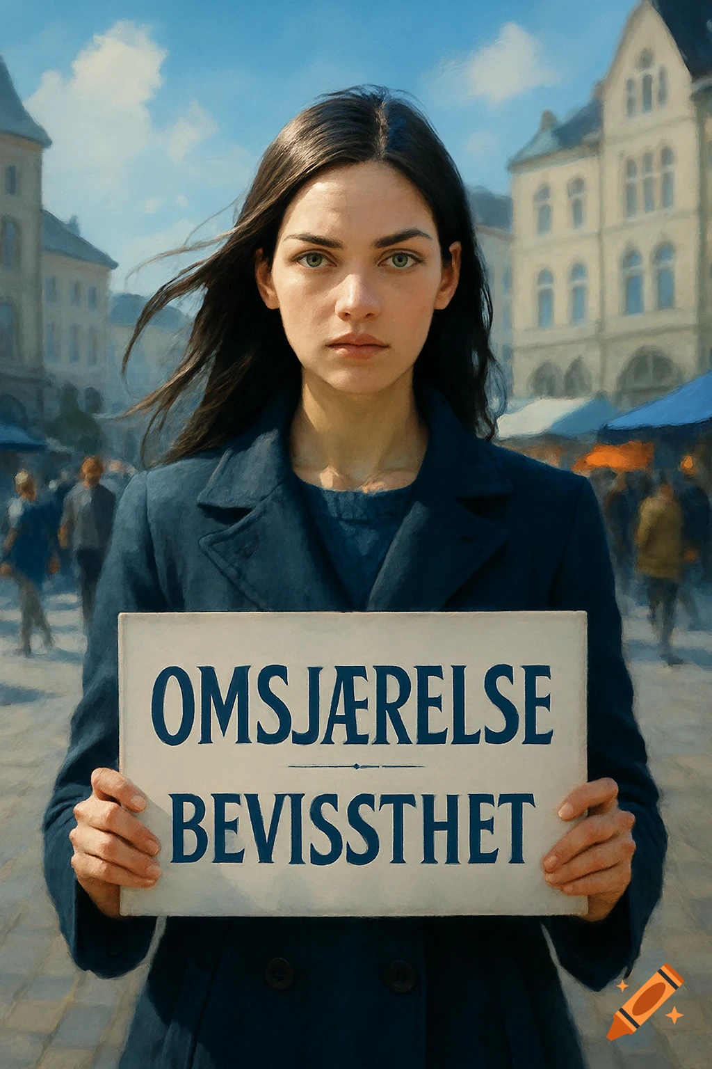 A young woman with dark hair and green eyes holds a sign that reads 'Omskjærelse Bevissthet' (Circumcision Awareness) in a city square.