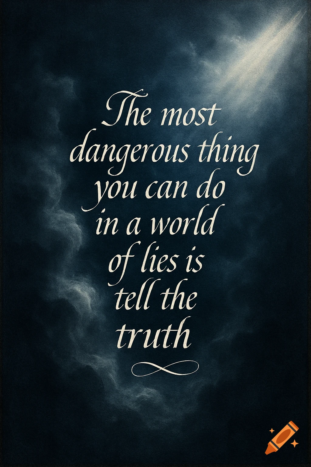The quote 'The most dangerous thing you can do in a world of lies is tell the truth' in white script on a dark cloudy background with light rays.