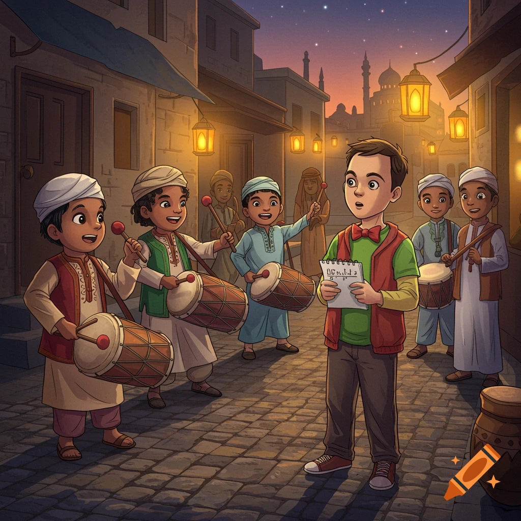 Cartoon illustration of a boy holding a paper looking surprised by other boys playing traditional drums in a Middle Eastern street at night.
