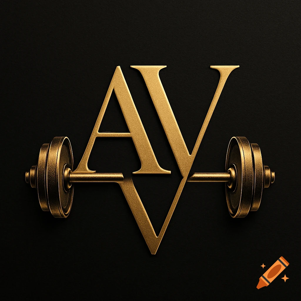 A black and gold logo featuring the letters A and V with a barbell integrated into the design.