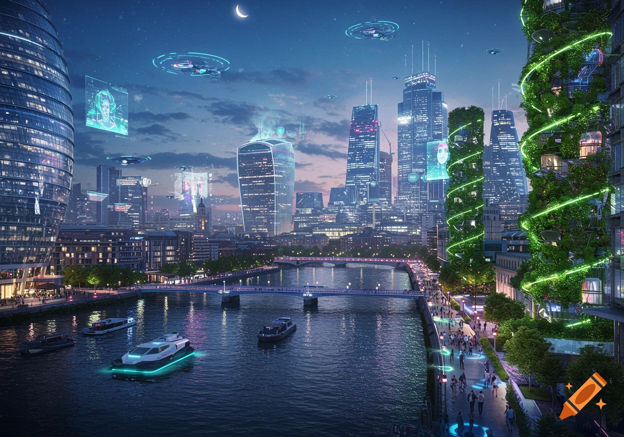 A vibrant futuristic city at night with towering skyscrapers, a river with futuristic boats, and holographic displays in the sky.