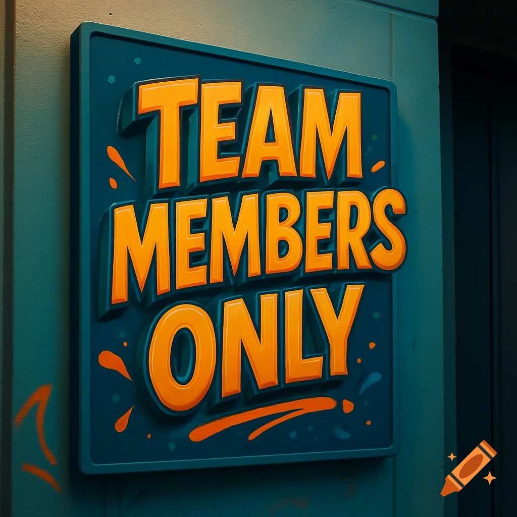 A dark teal sign with bold orange 3D lettering that reads 'TEAM MEMBERS ONLY' mounted on a wall.