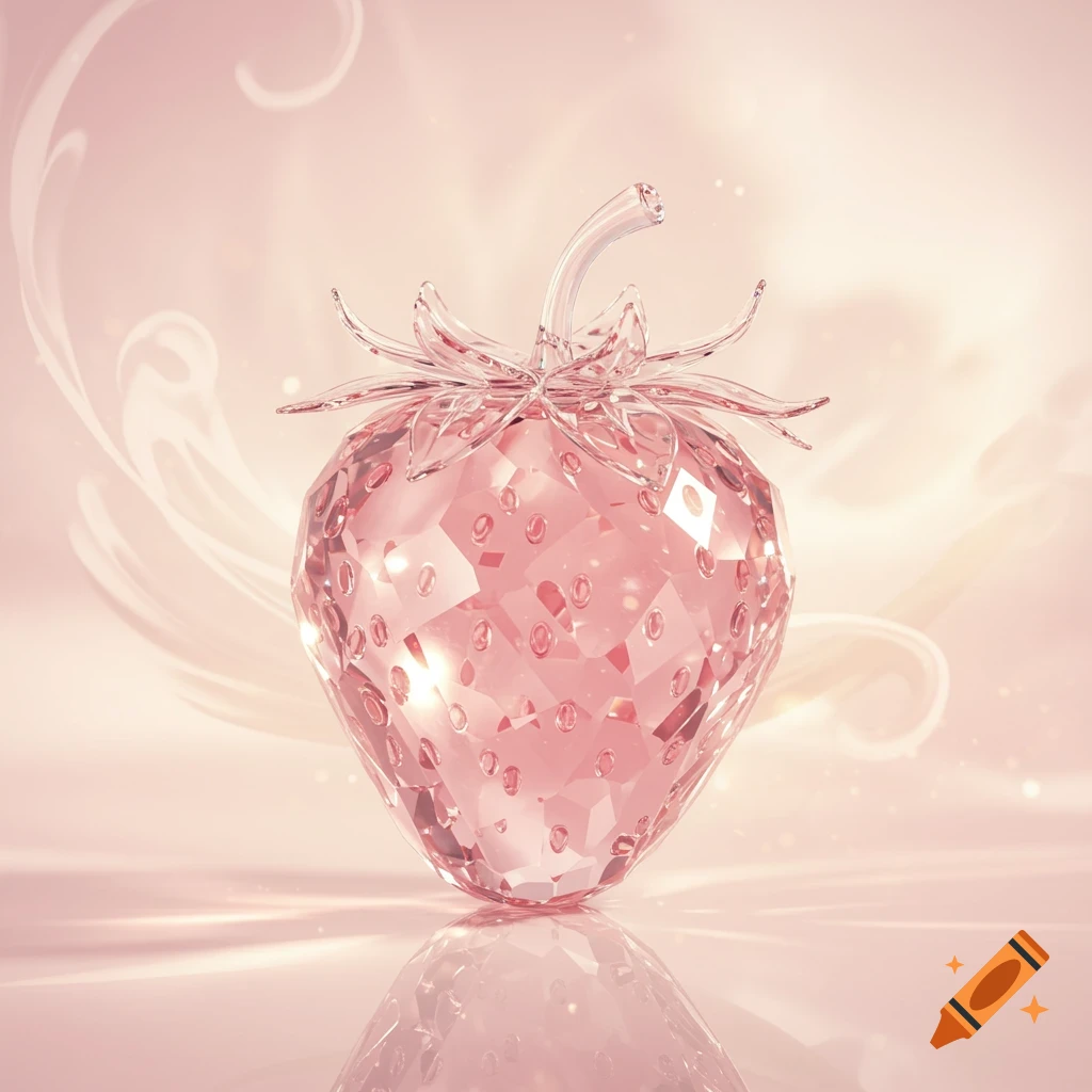 A faceted pink glass strawberry on a reflective surface against a soft pink background.