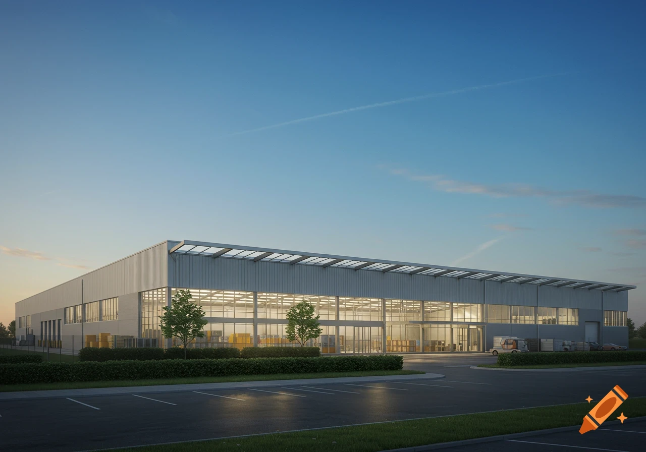 Photorealistic image of a modern warehouse building with a parking lot and trees under a clear sky.