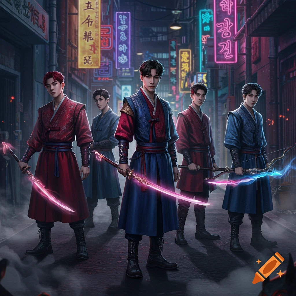 Five K-pop inspired male demon hunters in traditional attire with glowing weapons stand on a neon-lit urban street at night.