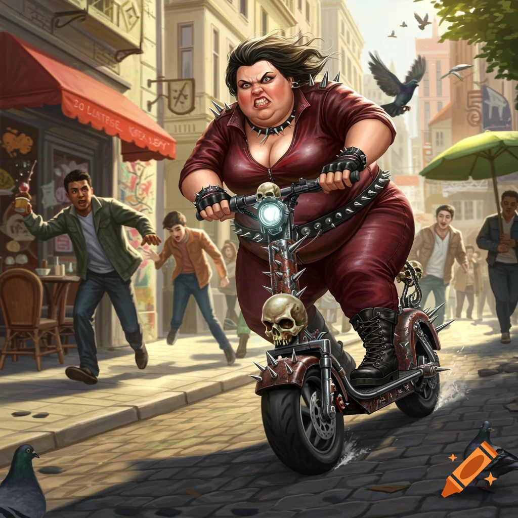 An angry, overweight woman on a spiked scooter rides down a city sidewalk as people scatter, in an illustrated style.