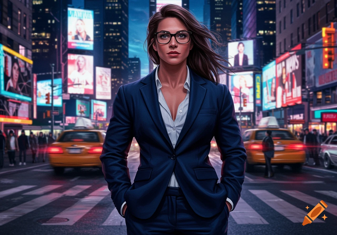 A determined woman in a navy suit and glasses stands in a busy city street with billboards and yellow cabs.
