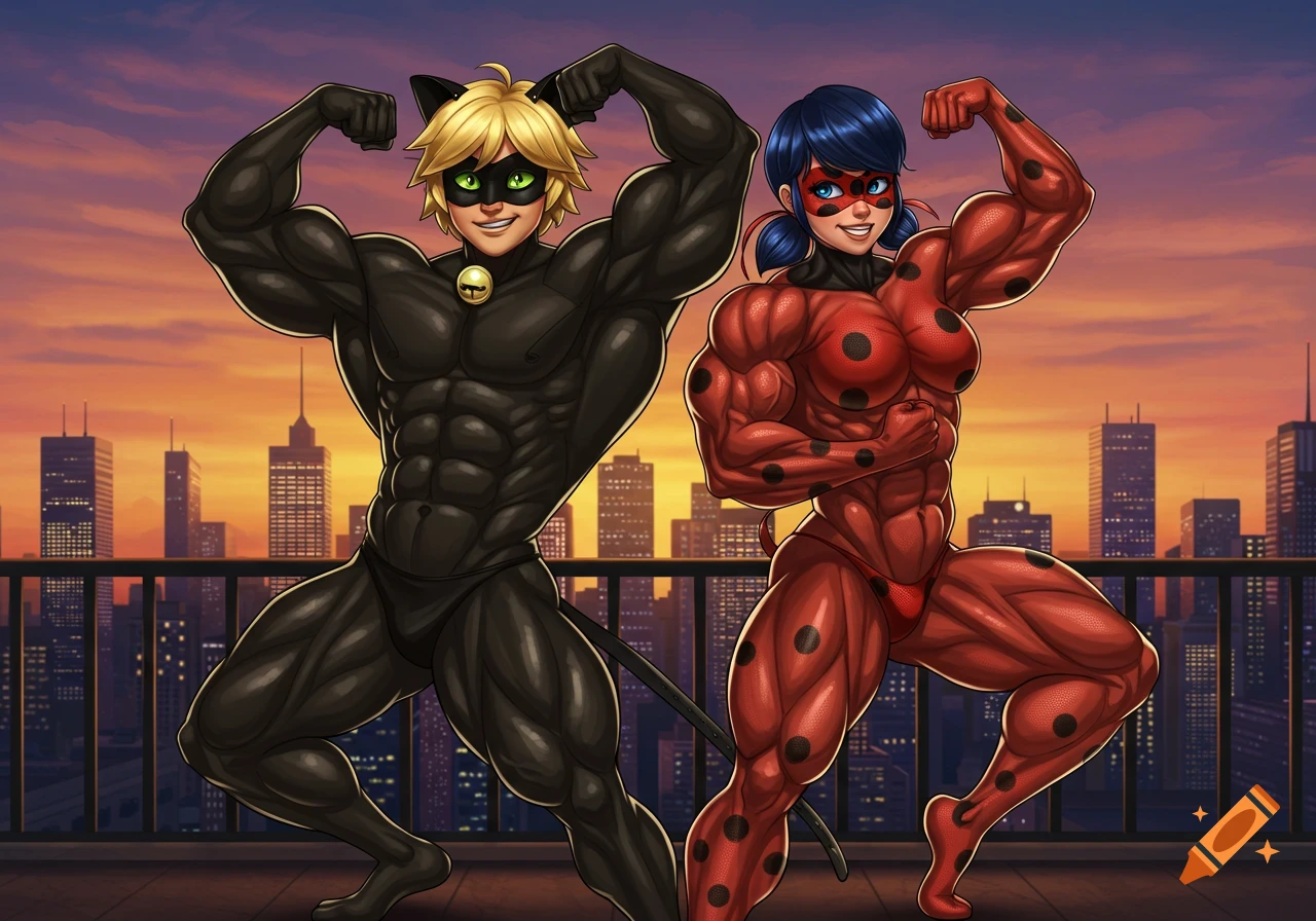 Cartoon bodybuilder Chat Noir and Ladybug flex on a city rooftop at sunset.