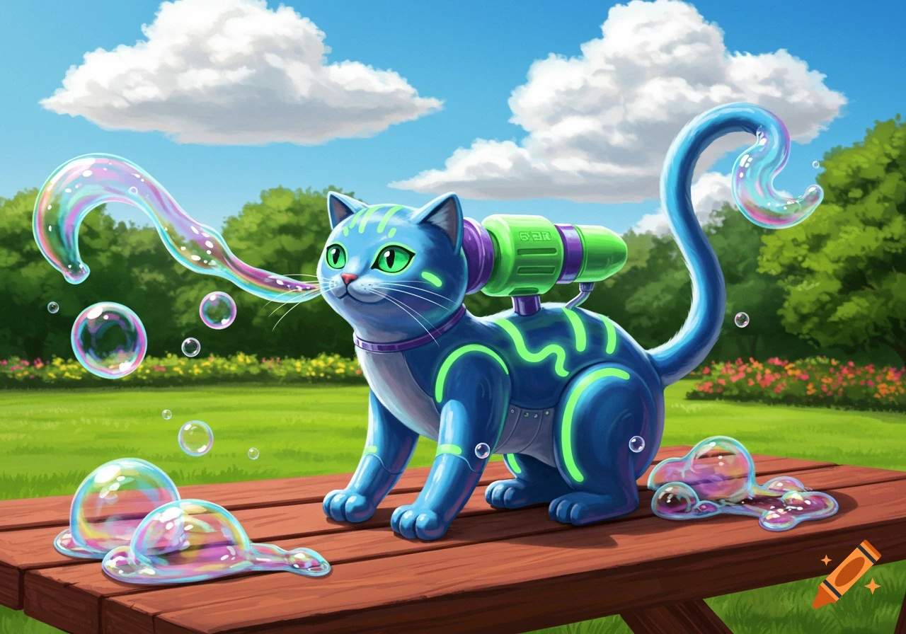 A stylized blue cat with bright green markings and a bubble blaster on its back shoots iridescent bubbles in a park setting.