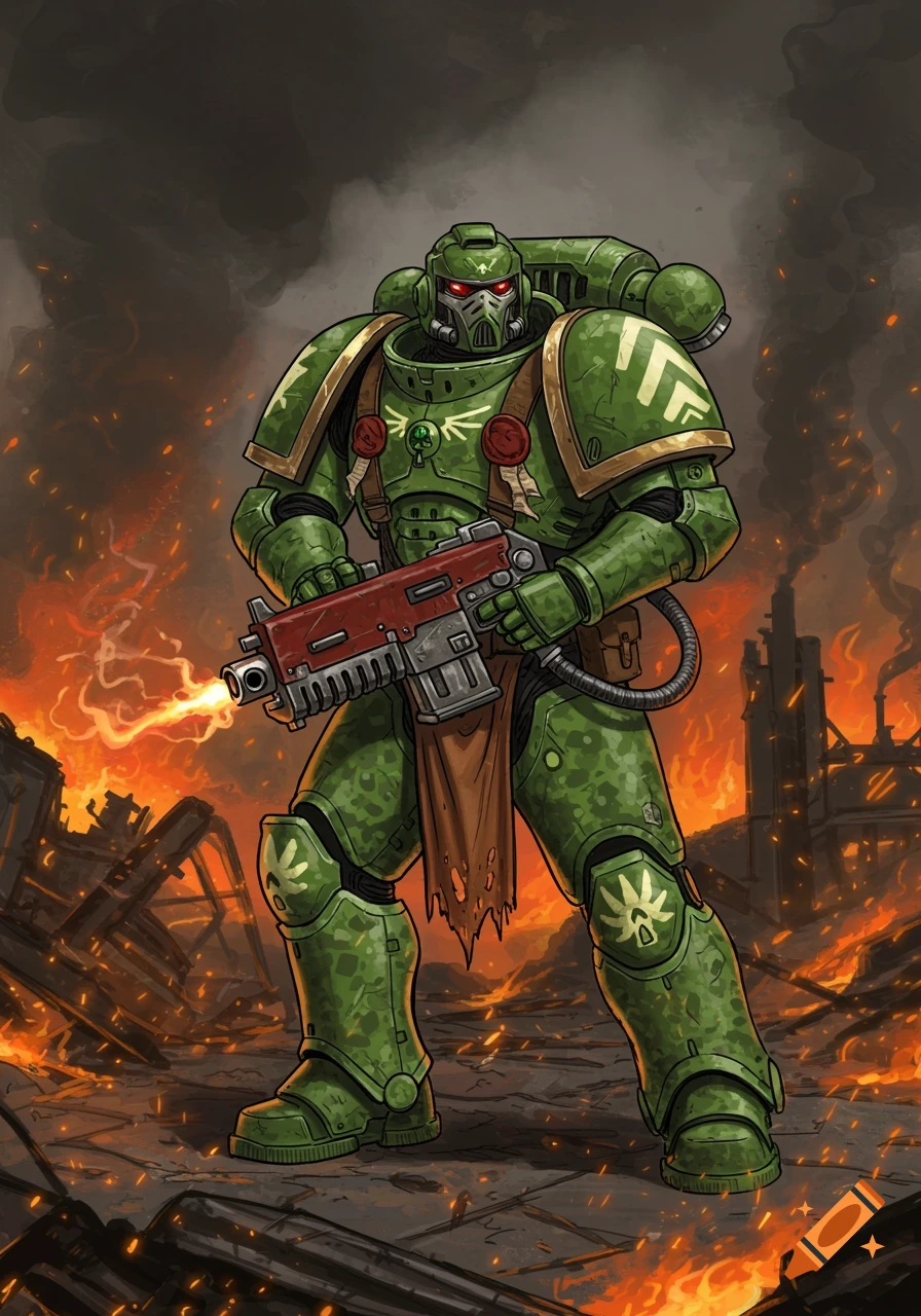 A hand-drawn illustration of a Warhammer 40k Salamanders Space Marine in green armor, wielding a flamer, standing in a burning, ruined landscape.