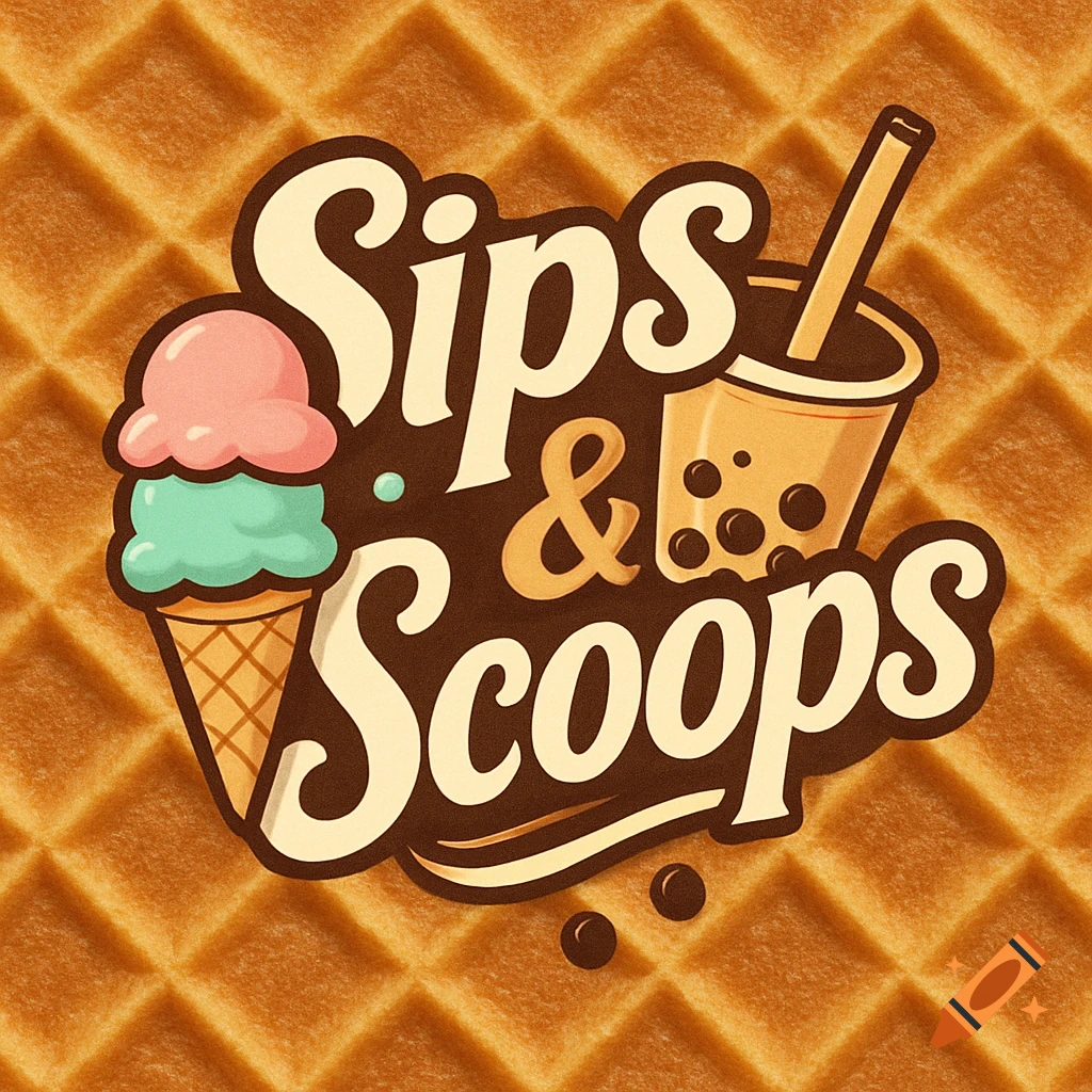 A retro-style logo for 'Sips & Scoops' featuring an ice cream cone and a bubble tea drink against a waffle background.