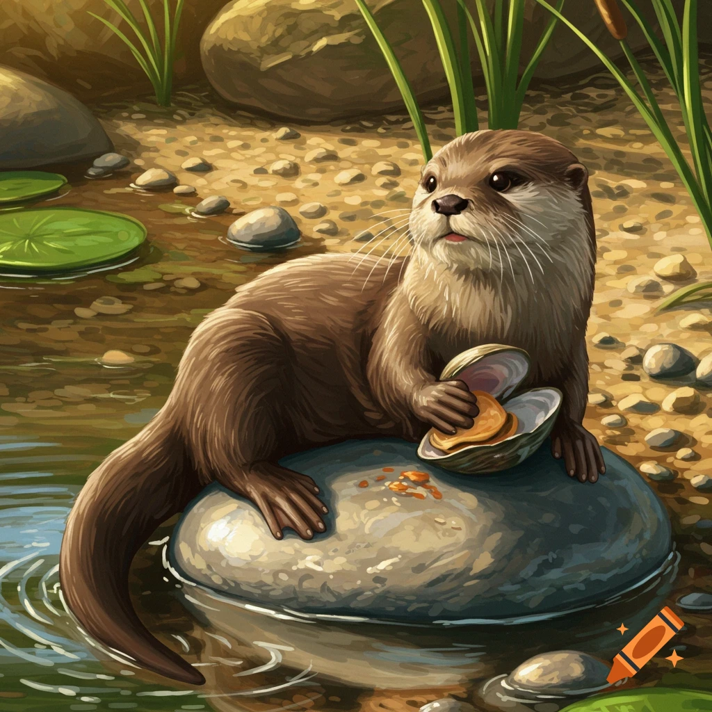 An illustrated otter sits on a rock in water, holding an open clam, surrounded by riverbank plants.