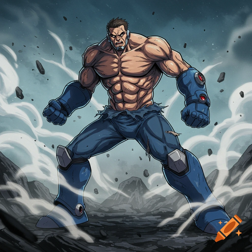 A muscular anime-style superhero in torn blue clothing and armored boots and gauntlets stands angrily amidst smoke and debris.