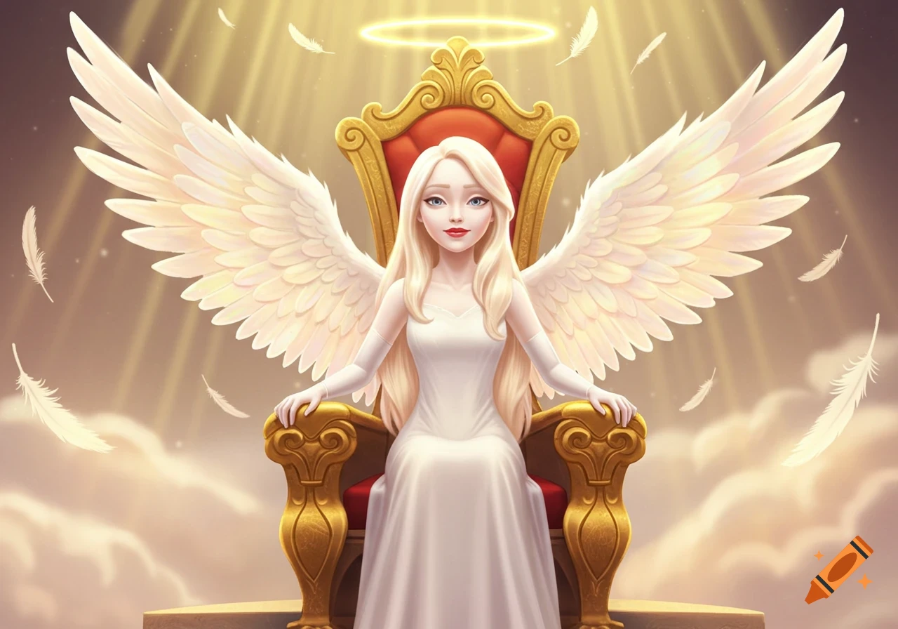 A 3D cartoon animated blonde-haired princess with angel wings and a halo, wearing a white dress, sits on a golden throne with feathers falling around her.