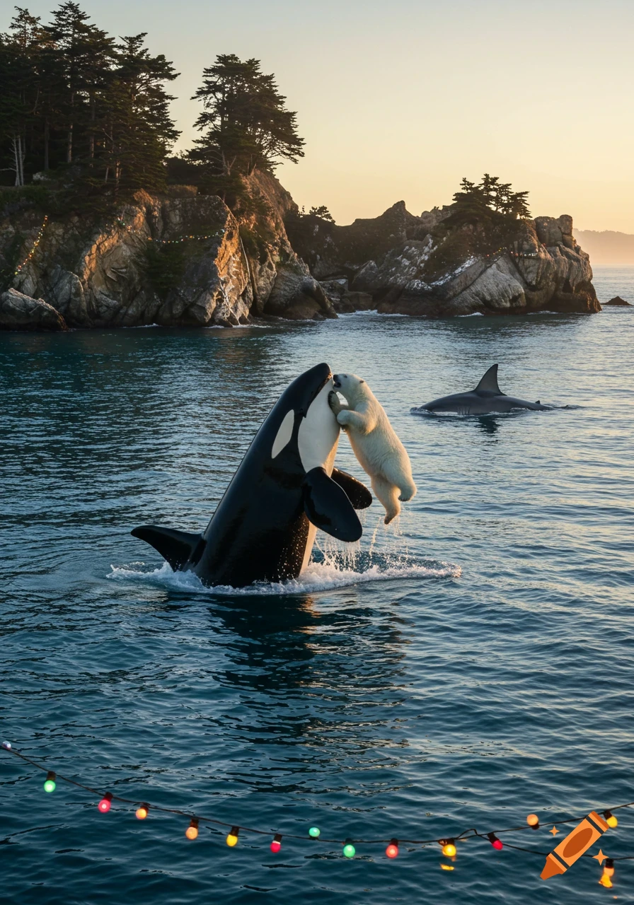 Photorealistic image of an orca whale and a polar bear nuzzling in the ocean with rocky islands, a shark, and Christmas lights.