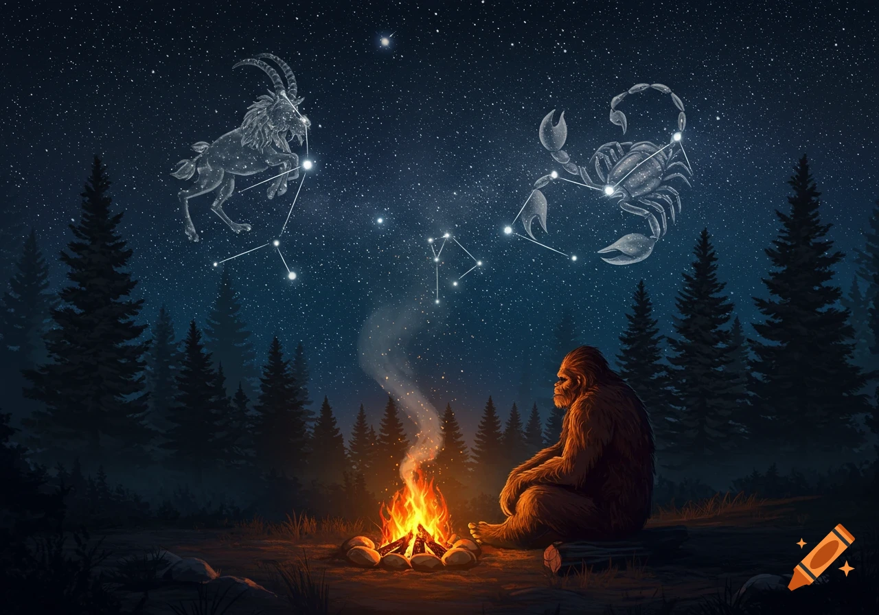 Bigfoot sits by a campfire under a starry night sky with Capricorn and Scorpio constellations.