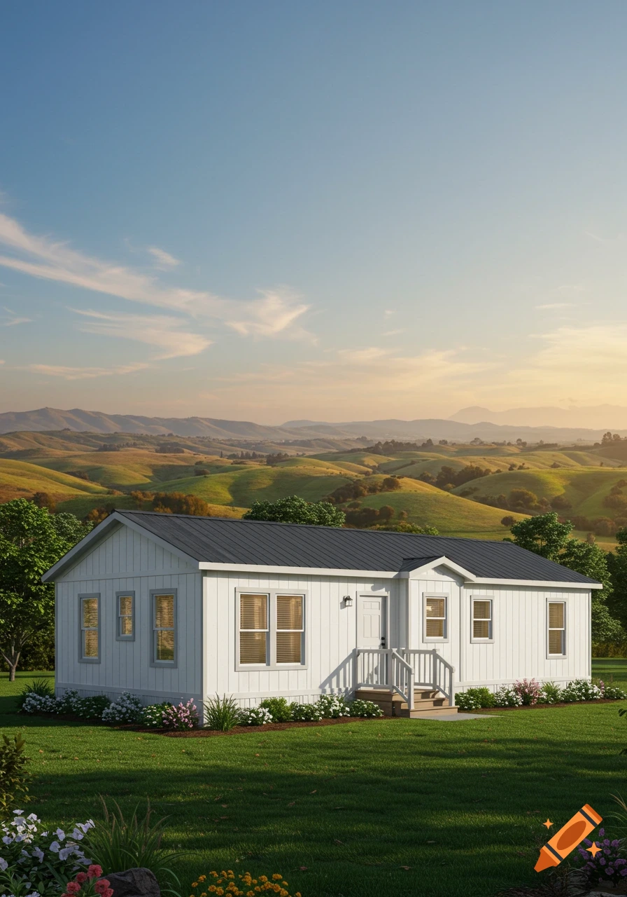 A white manufactured home with a dark roof sits on a green lawn with flowerbeds. Rolling green hills are in the background under a blue sky with soft clouds.