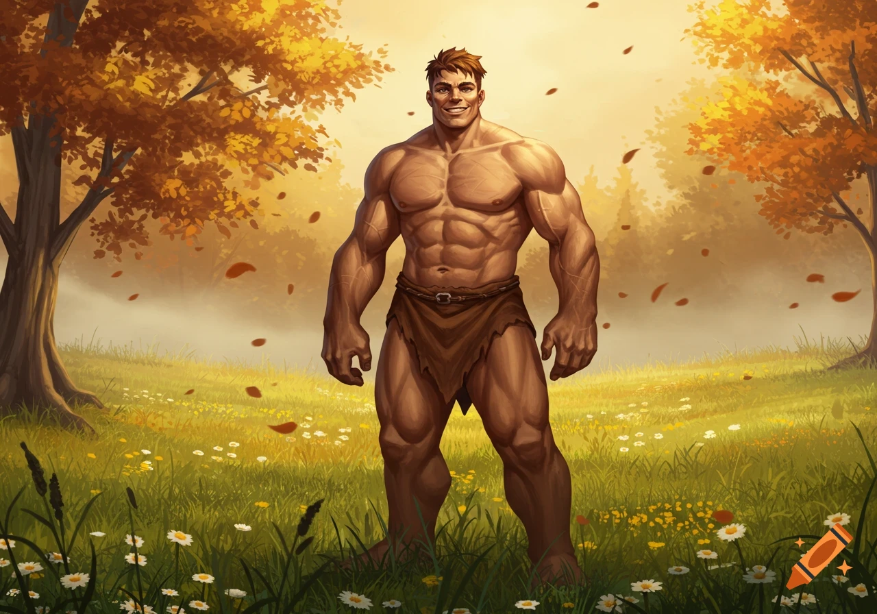 A muscular, smiling male fantasy warrior in a loincloth stands in a sunny autumn field with trees and falling leaves.