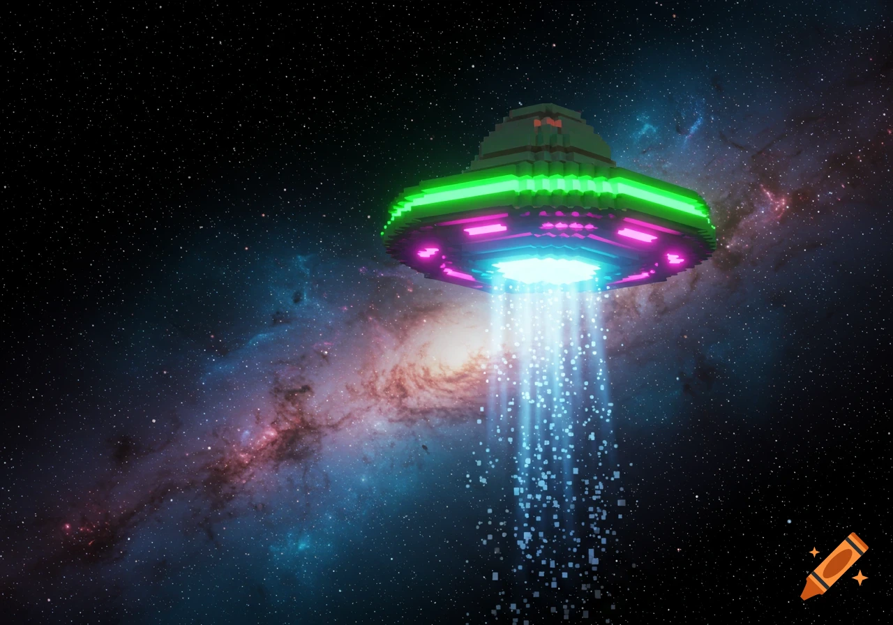 A pixel art UFO with glowing green and pink neon lights beams blue light and square particles downwards, set against a dark starry sky with a colorful galaxy.