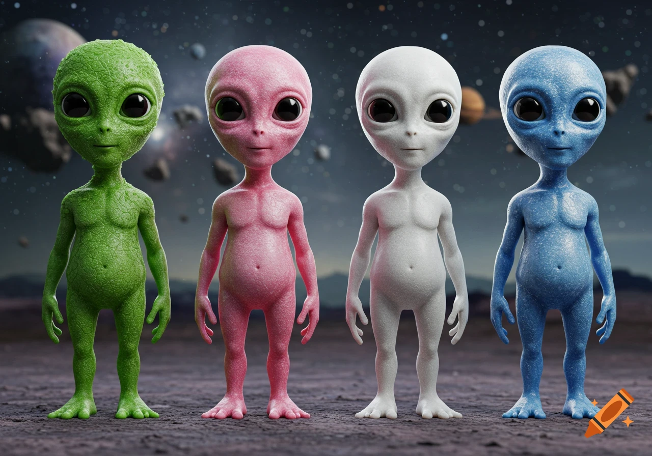 Four colorful, stylized aliens (green, pink, white, blue) stand on a planet surface under a starry space sky.