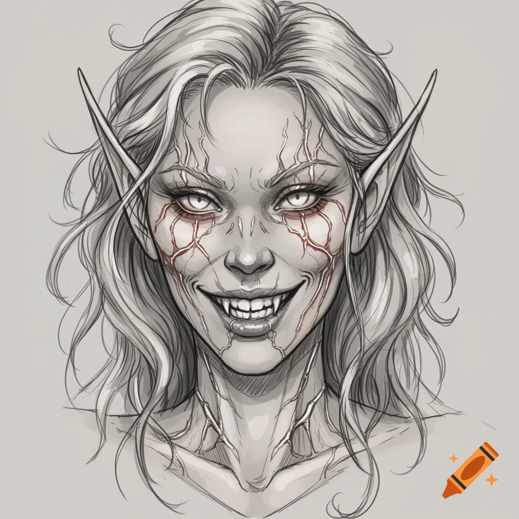 A detailed sketch of an elven woman with pointed ears, long wavy hair, glowing eyes, blood-red veins on her pale face, and a fanged smile.
