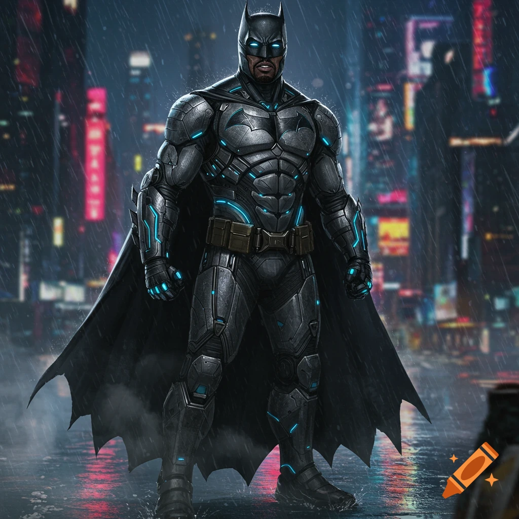 An African American Batman in a dark, armored high-tech suit with blue glowing accents, standing in a rainy, neon-lit city at night.