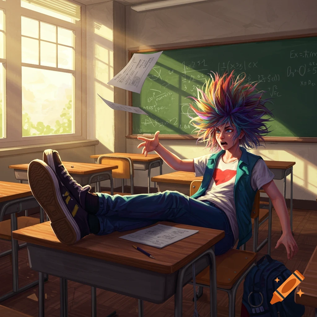 Anime student with crazy colorful hair, feet on desk, throwing papers in a sunlit classroom.