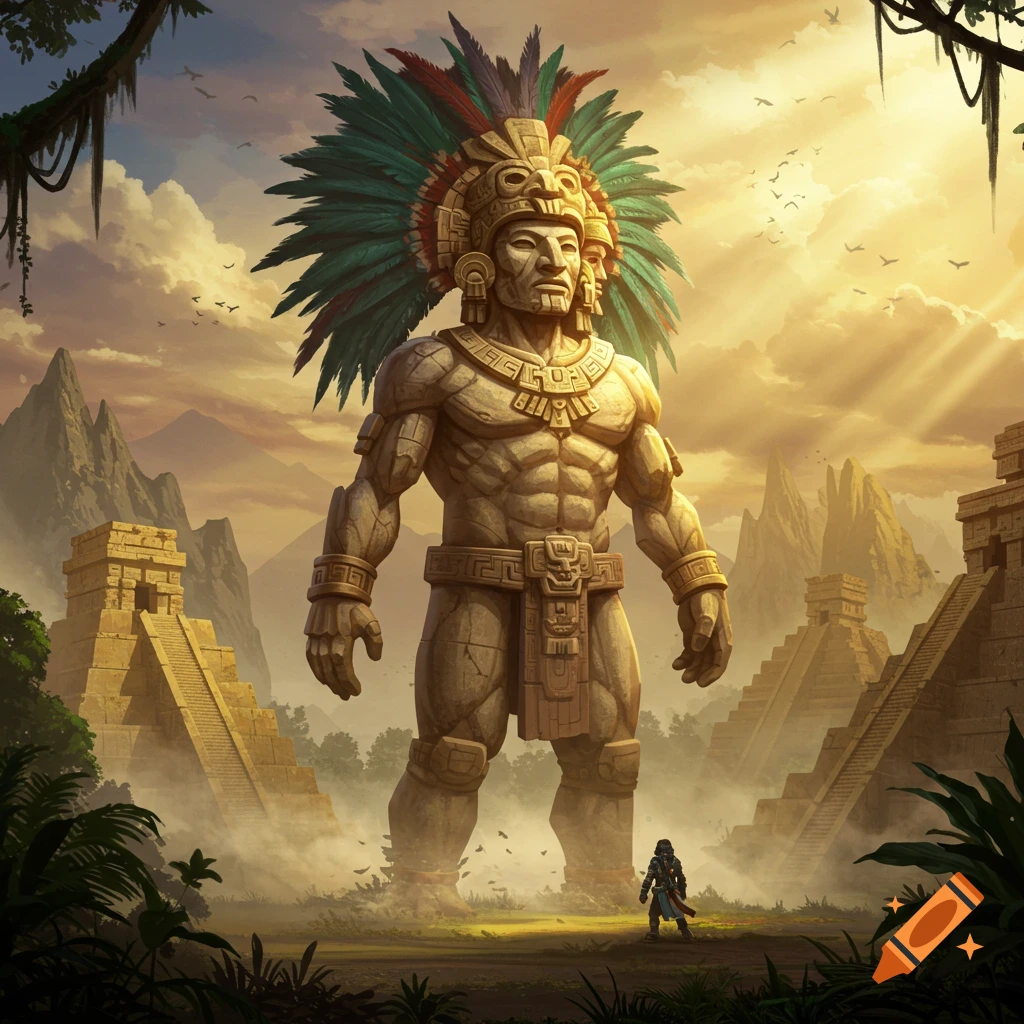 Colossal ancient stone deity statue with a feathered headdress stands in jungle ruins at sunrise, small figure below.
