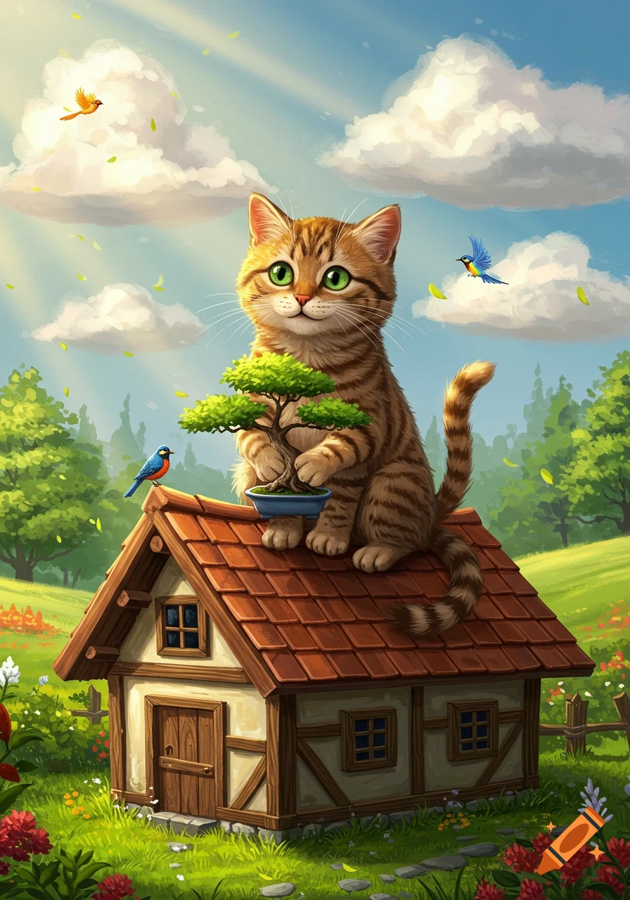 A cute brown tabby cat with green eyes sits on a small house, holding a bonsai tree. Birds fly around in a sunny, green landscape with fluffy clouds, in a cheerful illustration style.
