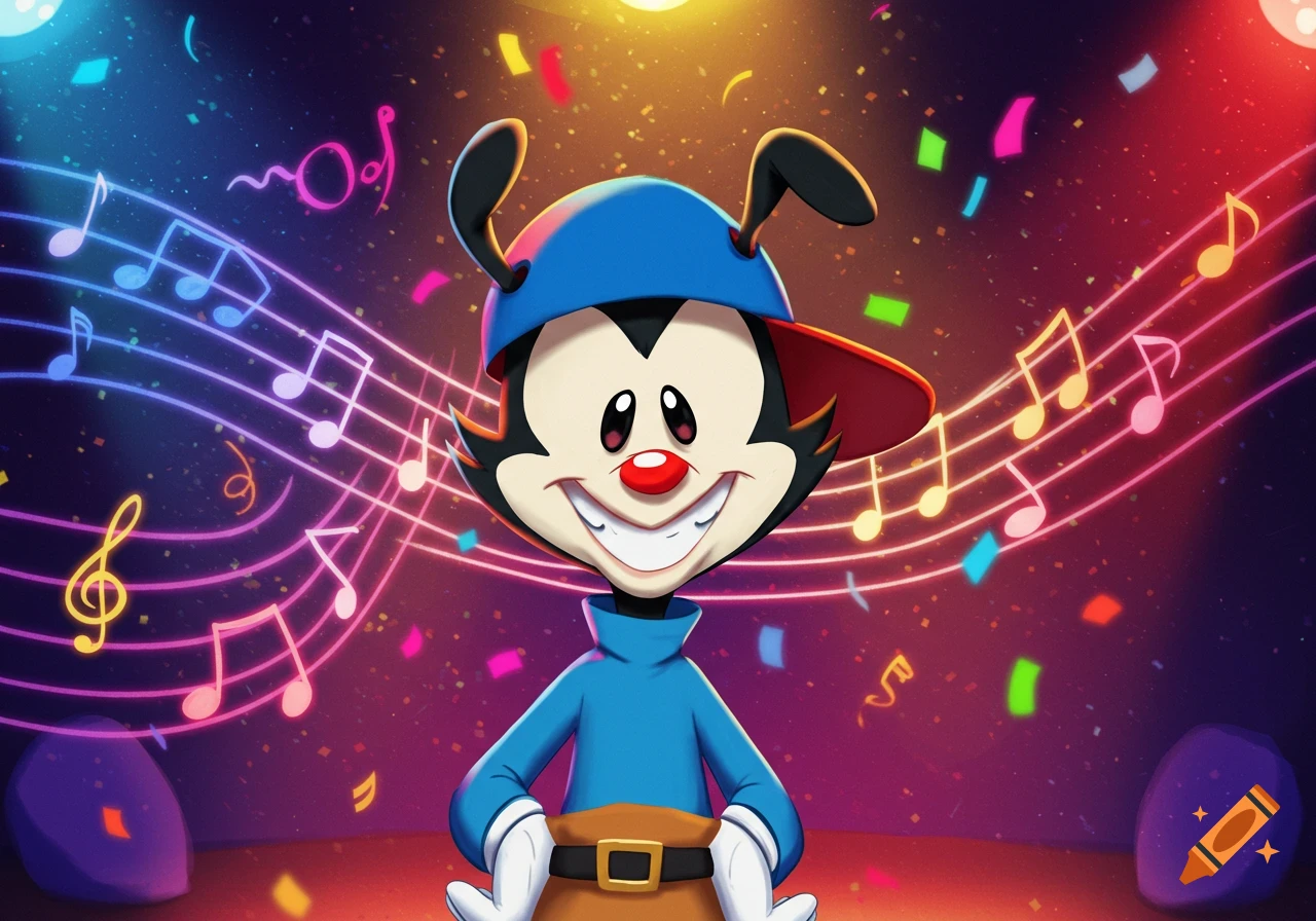 Wakko Warner from Animaniacs smiles broadly amidst colorful musical notes and confetti in a vibrant, festive scene.