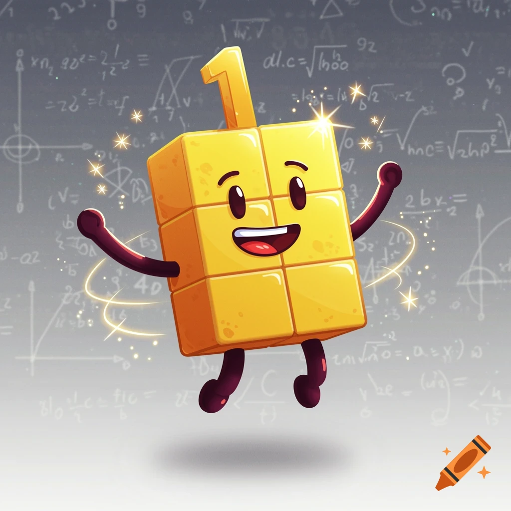 A cheerful yellow cartoon block character with the number 1 on its head, sparkling and jumping against a math-themed background.